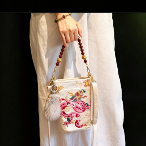 New Chinese Style Heavy Embroidered Pink Dragon Bucket Bag, Women Versatile Crossbody Handbag